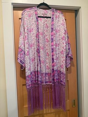 Calypso St. Barth Pink and Purple Floral Fringe Kimono all Silk
